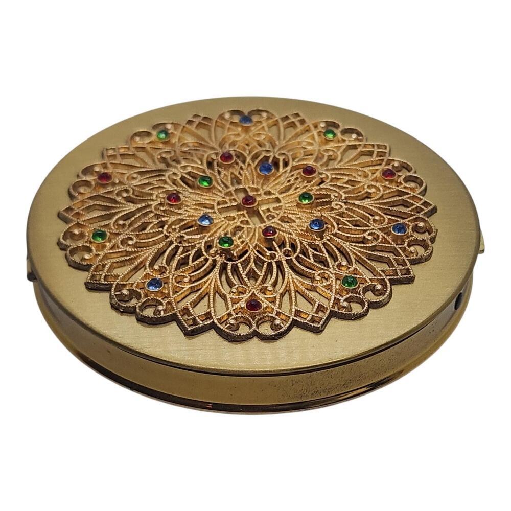 Vintage USA Filigree Powder Compact Color Rhinestones Gold Tone Mirror & Puff